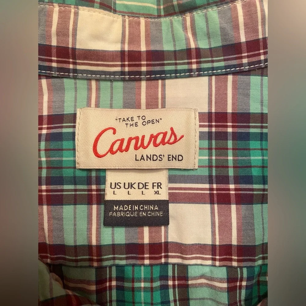 Lands End Canvas Men's Size Large Green Plaid Button Up Long‎ Sleeve Shirt